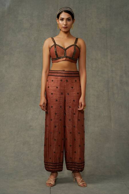 Buy_Abstract By Megha Jain Madaan_Brown Cotton Sequins, Beads Tissue Embellished Bralette _Online_at_Aza_Fashions