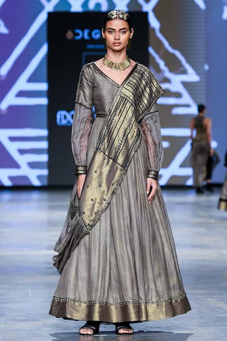Abstract By Megha Jain Madaan_Green Cotton, Kota Doria Floral Embellished Draped Saree Gown _Online_at_Aza_Fashions
