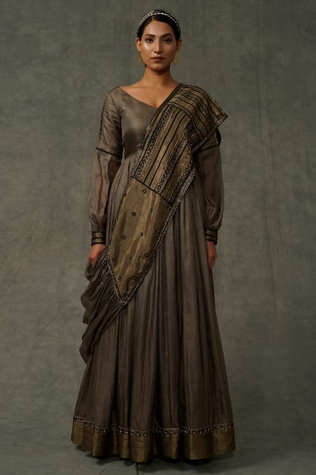 Buy_Abstract By Megha Jain Madaan_Green Cotton, Kota Doria Floral Embellished Draped Saree Gown _Online_at_Aza_Fashions