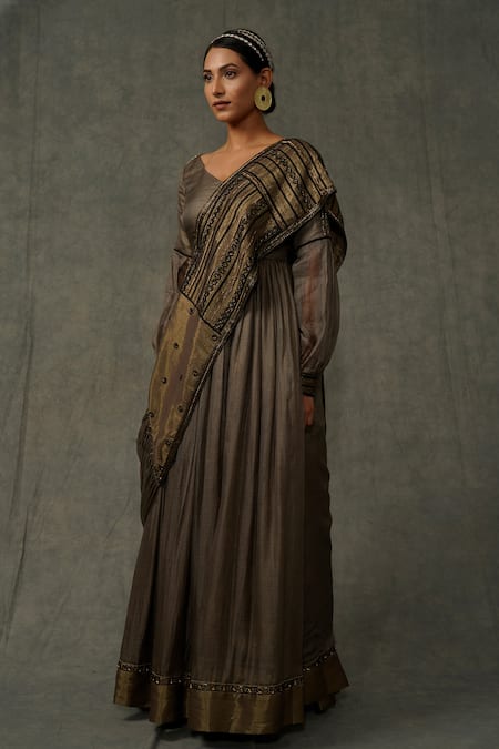 Abstract By Megha Jain Madaan_Green Cotton, Kota Doria Floral Embellished Draped Saree Gown _at_Aza_Fashions