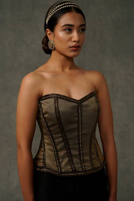 Abstract By Megha Jain Madaan Green Cotton, Silk Sequins, Beads Sweetheart Neck Hand Embellished Corset Online at Aza Fashions Abstract By Megha Jain Madaan_Green Cotton, Silk Sequins, Beads Sweetheart Neck Hand Embellished Corset_Online_at_Aza_Fashions