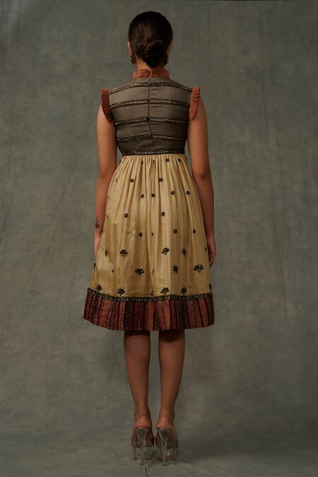 Abstract By Megha Jain Madaan Beige Kota Doria, Cotton Sequins High Neck Floral Embroidered Dress Online at Aza Fashions Abstract By Megha Jain Madaan_Beige Kota Doria, Cotton Sequins High Neck Floral Embroidered Dress_Online_at_Aza_Fashions