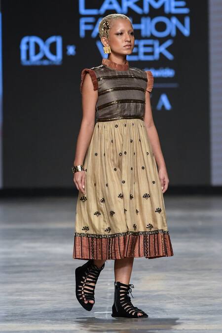 Buy Abstract By Megha Jain Madaan Beige Kota Doria, Cotton Sequins High Neck Floral Embroidered Dress Online at Aza Fashions Buy_Abstract By Megha Jain Madaan_Beige Kota Doria, Cotton Sequins High Neck Floral Embroidered Dress_Online_at_Aza_Fashions