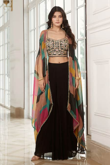 Basanti - Kapde Aur Koffee Black Georgette Embroidery Gota Patti Blouse Draped Skirt Set With Printed Cape 