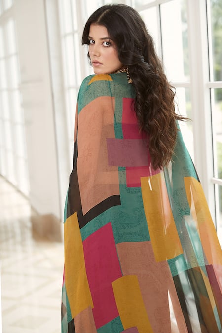 Basanti - Kapde Aur Koffee Draped Skirt Set With Printed Cape 