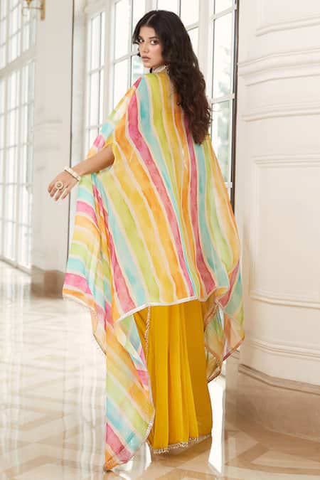 Basanti - Kapde Aur Koffee Pre-Draped Saree Set With Stripe Print Cape 