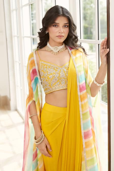 Basanti - Kapde Aur Koffee_Yellow Silk, Organza, Georgette Pre-draped Saree Set With Stripe Print Cape _Online_at_Aza_Fashions