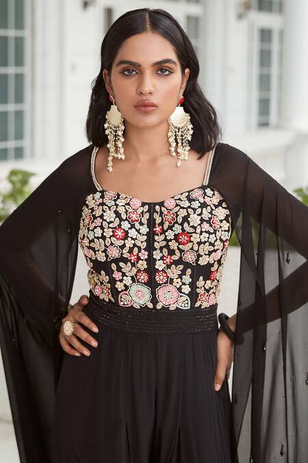 Basanti - Kapde Aur Koffee_Black Viscose, Georgette Embroidery Square Neck Floral Jumpsuit_Online_at_Aza_Fashions