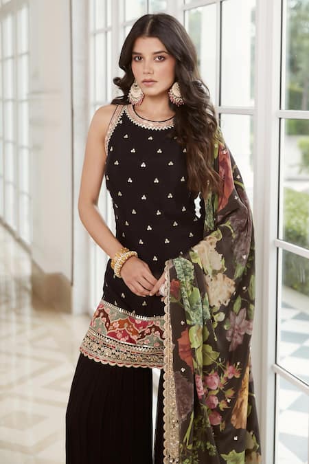 Basanti - Kapde Aur Koffee Black Georgette Sequins, Embroidery Halter Neck Kurta Gharara Set Online at Aza Fashions Basanti - Kapde Aur Koffee_Black Georgette Sequins, Embroidery Halter Neck Kurta Gharara Set_Online_at_Aza_Fashions