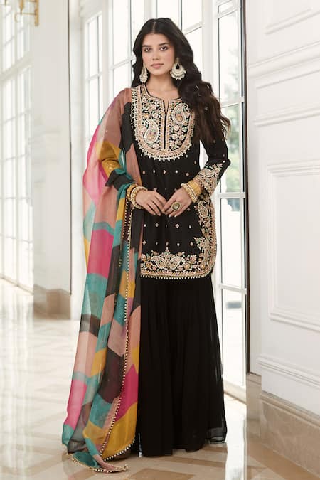 Basanti - Kapde Aur Koffee Black Chanderi Embroidery Gota Patti Notched Paisley Kurta Sharara Set 