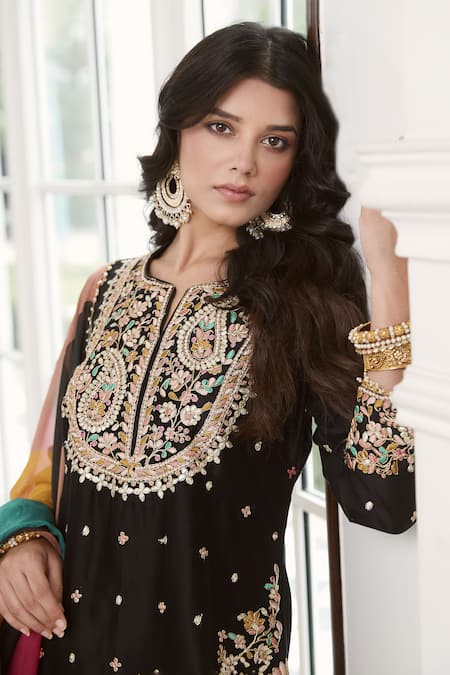 Basanti - Kapde Aur Koffee_Black Chanderi, Cotton Satin, Organza Paisley Embroidered Kurta Sharara Set _Online_at_Aza_Fashions