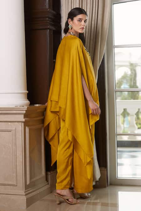 Shop Basanti - Kapde Aur Koffee Yellow Silk Layered Cape Top And Pant Set at Aza Fashions Shop_Basanti - Kapde Aur Koffee_Yellow Silk Layered Cape Top And Pant Set _at_Aza_Fashions