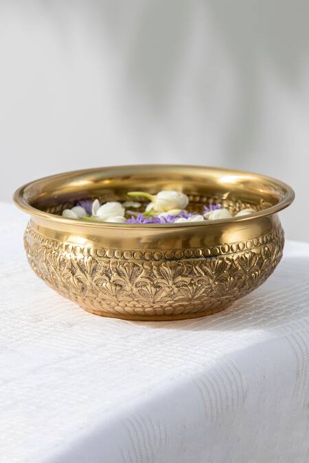 Shop_The Decor Remedy_Gold Brass Floral Embossing Helen Urli_Online_at_Aza_Fashions