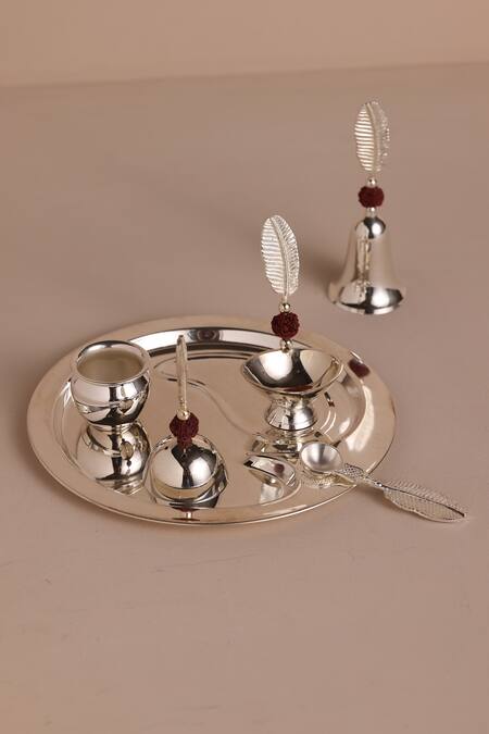 The Decor Remedy Silver Brass Banana Leaf Pooja Thaali Set - 6 Pcs