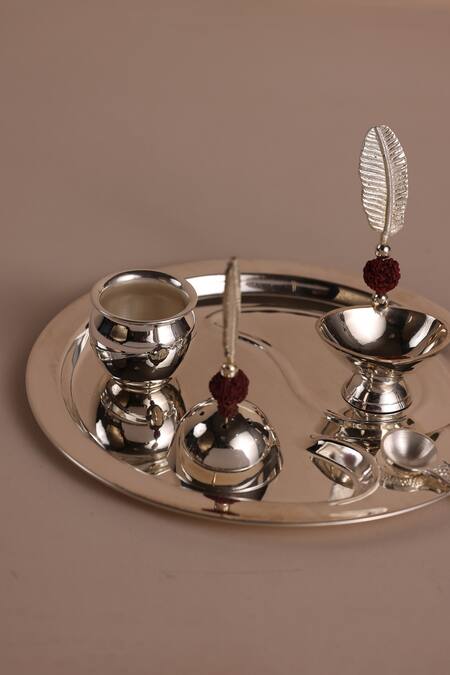 The Decor Remedy_Silver Brass Banana Leaf Pooja Thaali Set - 6 Pcs_Online_at_Aza_Fashions