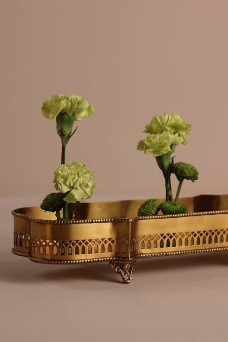 The Decor Remedy_Gold Brass Floral Pattern Victorian Rectangular Tray_Online_at_Aza_Fashions