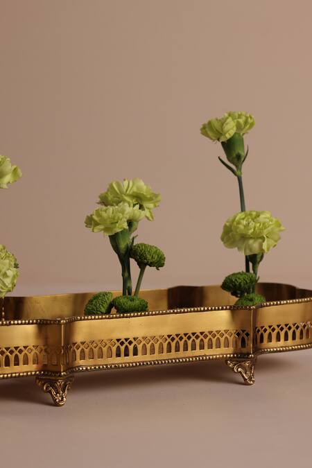 Buy_The Decor Remedy_Gold Brass Floral Pattern Victorian Rectangular Tray_Online_at_Aza_Fashions