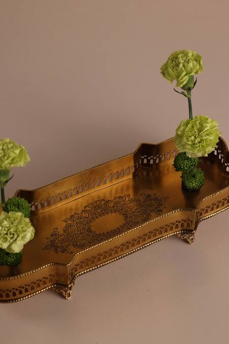 Shop_The Decor Remedy_Gold Brass Floral Pattern Victorian Rectangular Tray_Online_at_Aza_Fashions