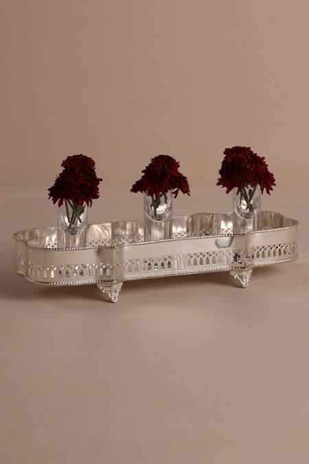 The Decor Remedy Silver Brass Floral Pattern Victorian Rectangular Tray