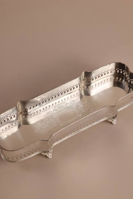 Shop The Decor Remedy Silver Brass Floral Pattern Victorian Rectangular Tray at Aza Fashions Shop_The Decor Remedy_Silver Brass Floral Pattern Victorian Rectangular Tray_at_Aza_Fashions