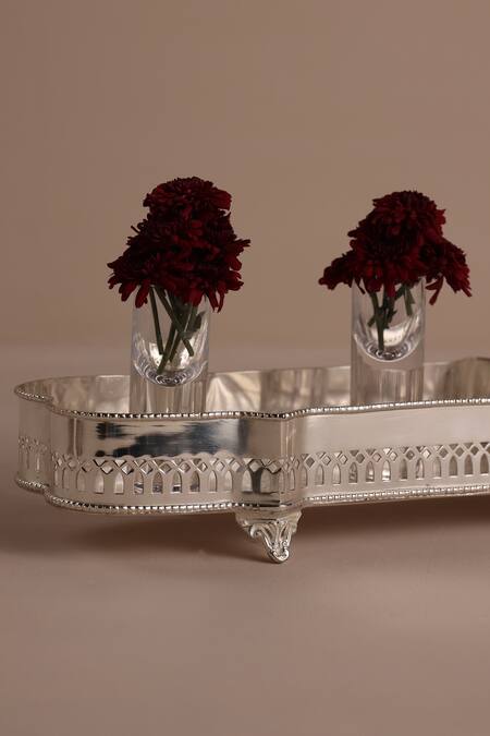 The Decor Remedy Silver Brass Floral Pattern Victorian Rectangular Tray Online at Aza Fashions The Decor Remedy_Silver Brass Floral Pattern Victorian Rectangular Tray_Online_at_Aza_Fashions