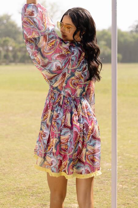 Shop Kranberra Multi Color Georgette Print Balloon Sleeves Stand Paris Peona Dress at Aza Fashions Shop_Kranberra_Multi Color Georgette Print Balloon Sleeves Stand Paris Peona Dress _at_Aza_Fashions