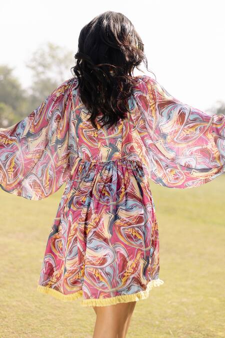 Shop Kranberra Multi Color Georgette Print Balloon Sleeves Stand Paris Peona Dress Online at Aza Fashions Shop_Kranberra_Multi Color Georgette Print Balloon Sleeves Stand Paris Peona Dress _Online_at_Aza_Fashions