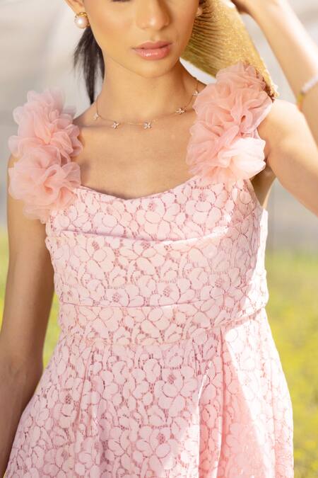 Kranberra_Pink Cotton Embroidery Floral Square Neck Mia Work Dress _at_Aza_Fashions