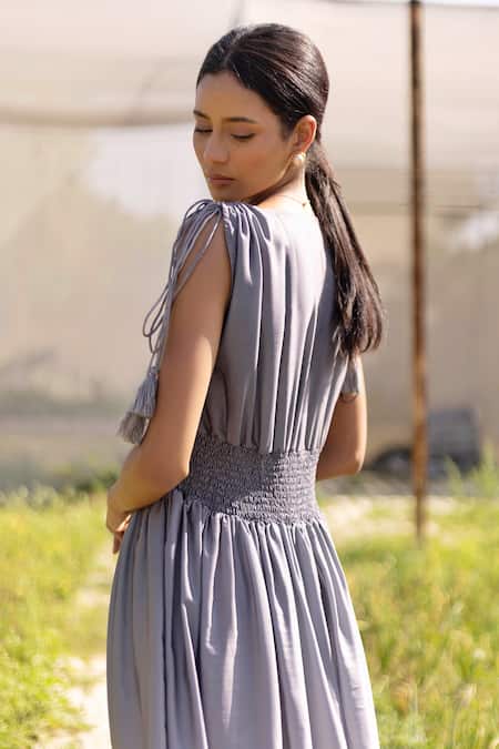 Shop Kranberra Grey Premium Satin Plain V Neck Teressa Ombre Dress Online at Aza Fashions Shop_Kranberra_Grey Premium Satin Plain V Neck Teressa Ombre Dress _Online_at_Aza_Fashions