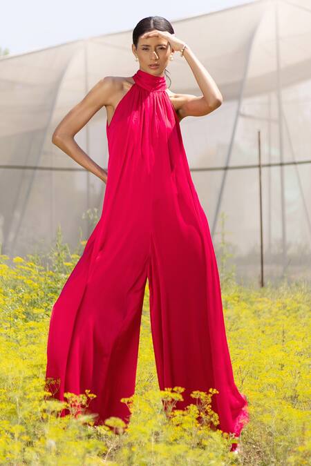 Kranberra_Pink Georgette Plain Halter Neck Amaia Jumpsuit _Online_at_Aza_Fashions