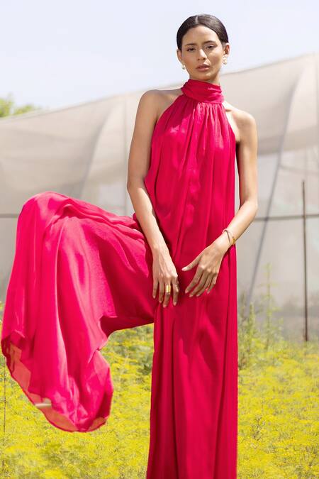 Buy_Kranberra_Pink Georgette Plain Halter Neck Amaia Jumpsuit _Online_at_Aza_Fashions