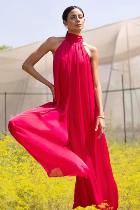 Shop_Kranberra_Pink Georgette Plain Halter Neck Amaia Jumpsuit _Online_at_Aza_Fashions