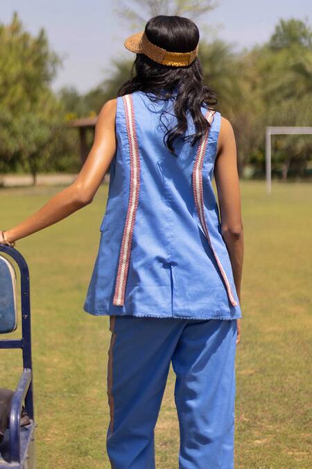 Shop Kranberra Blue Cotton Solid Lapel Collar Eva Top With Pant at Aza Fashions Shop_Kranberra_Blue Cotton Solid Lapel Collar Eva Top With Pant _at_Aza_Fashions