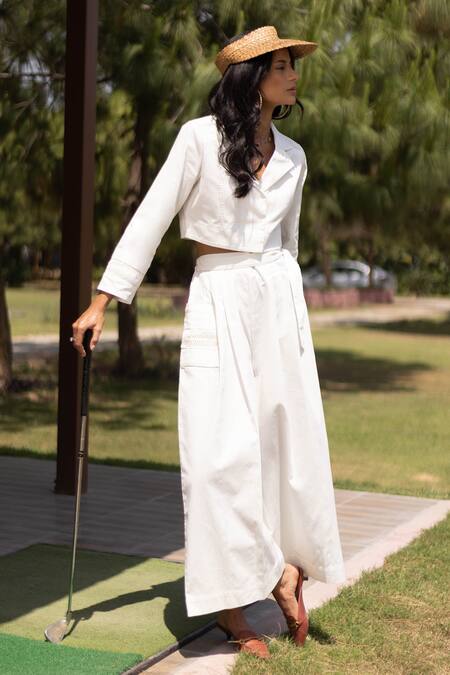 Kranberra_White Cotton Solid Lapel Reyna Pleated Placement Panel Top With Pant _Online_at_Aza_Fashions