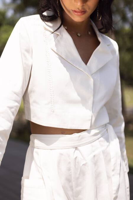 Shop_Kranberra_White Cotton Solid Lapel Reyna Pleated Placement Panel Top With Pant _Online_at_Aza_Fashions
