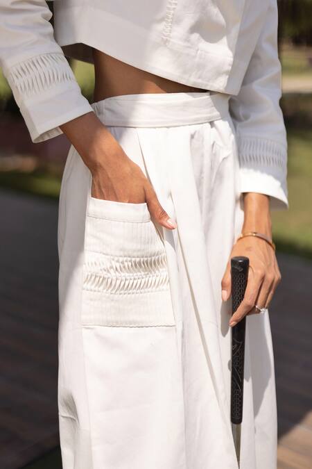 Kranberra_White Cotton Solid Lapel Reyna Pleated Placement Panel Top With Pant _at_Aza_Fashions