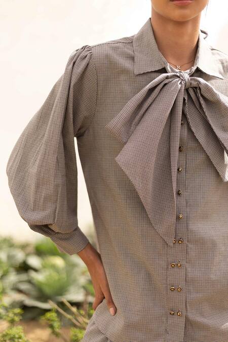 Kranberra_Brown Cotton Checks Shirt Collar Sara Checkered Pattern With Pant _Online_at_Aza_Fashions