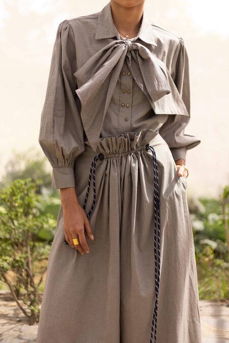 Buy_Kranberra_Brown Cotton Checks Shirt Collar Sara Checkered Pattern With Pant _Online_at_Aza_Fashions