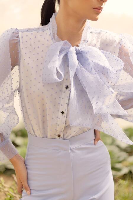 Kranberra_Blue Organza Textured Shirt Collar Carina _Online_at_Aza_Fashions