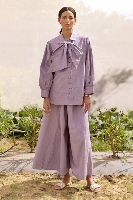 Kranberra_Purple Cotton Checks Shirt Collar Zoe Checkered Pattern With Pant _Online_at_Aza_Fashions