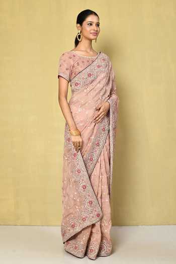 Nazaakat By Samara Singh_Peach Art Silk Embroidery Thread Round Neck Saree With Blouse _Online_at_Aza_Fashions