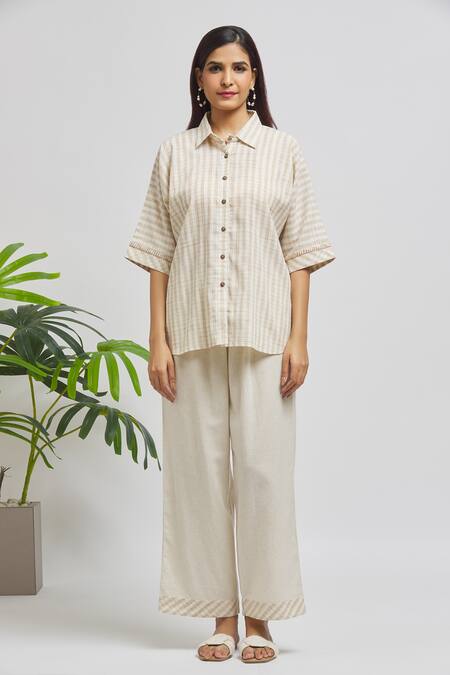 Samyukta Singhania Ivory , Satin Collared Handloom Checkered Shirt And Pant Set Online at Aza Fashions Samyukta Singhania_Ivory , Satin Collared Handloom Checkered Shirt And Pant Set _Online_at_Aza_Fashions