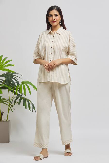 Buy Samyukta Singhania Ivory , Satin Collared Handloom Checkered Shirt And Pant Set Online at Aza Fashions Buy_Samyukta Singhania_Ivory , Satin Collared Handloom Checkered Shirt And Pant Set _Online_at_Aza_Fashions