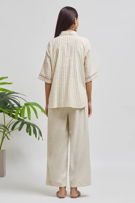 Shop Samyukta Singhania Ivory , Satin Collared Handloom Checkered Shirt And Pant Set at Aza Fashions Shop_Samyukta Singhania_Ivory , Satin Collared Handloom Checkered Shirt And Pant Set _at_Aza_Fashions