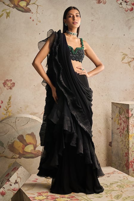 Ridhi Mehra_Black Allure Pre-draped Ruffle Saree With Embroidered Blouse _Online_at_Aza_Fashions