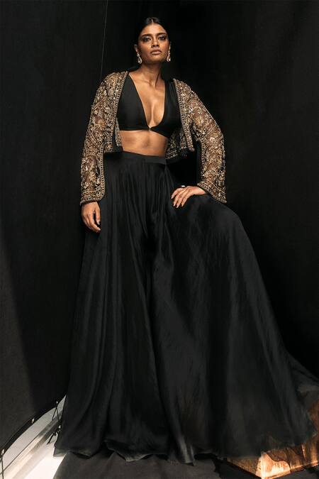 Shop Ridhi Mehra Black Organza, Net Embroidery V-, Plunge Front Row Jacket Sharara Set at Aza Fashions Shop_Ridhi Mehra_Black Organza, Net Embroidery V-, Plunge Front Row Jacket Sharara Set _at_Aza_Fashions