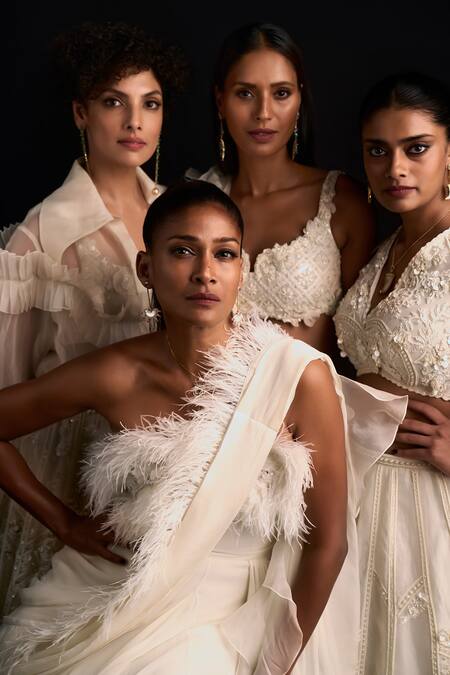 Ridhi Mehra Ivory Chiffon Feathers Off-shoulder Embellished Saree Gown Online at Aza Fashions Ridhi Mehra_Ivory Chiffon Feathers Off-shoulder Embellished Saree Gown _Online_at_Aza_Fashions