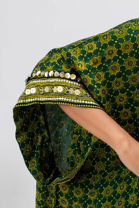 Prahnaaya_Green Handloom Cotton, Satin Sequins, Zari Handblock Ajrakh Kurta And Pant Set _at_Aza_Fashions