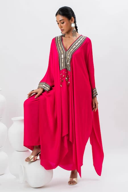 Prahnaaya_Pink Satin Tassels V-neck Ajrakh Work Kaftan And Wrap Skirt Set _Online_at_Aza_Fashions