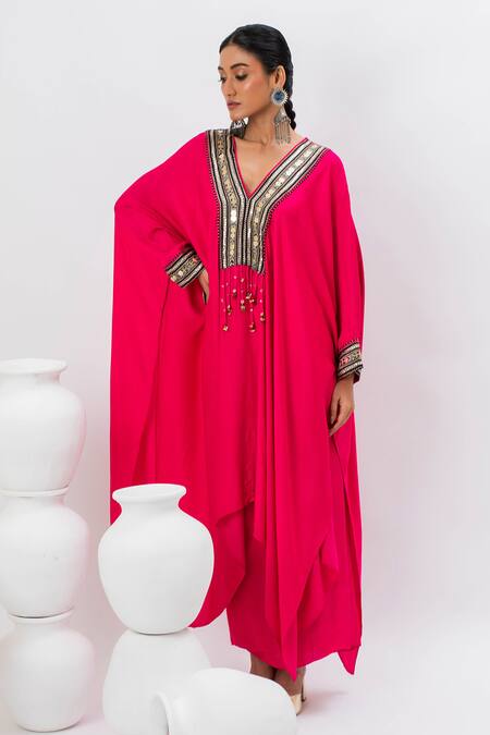 Buy_Prahnaaya_Pink Satin Tassels V-neck Ajrakh Work Kaftan And Wrap Skirt Set _Online_at_Aza_Fashions